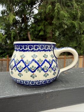 Polish Pottery Hand-Painted Blue and Cream Ceramic Large Mug